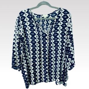 Adrienne Vittadini Tunic 2X Blue White Plus Size Mid Sleeve Lightweight Top